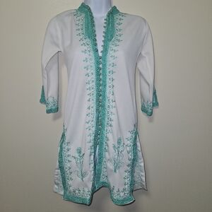 Vintage Moroccan Midi Dress Tunic Kaftan Hippie Teal Button embroidery Women OS